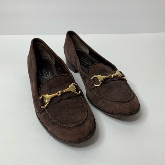 Talbots Women’s Brown Suede Flat Loafers With Gold Horse Bit Buckle Size 8 N - Picture 5 of 9